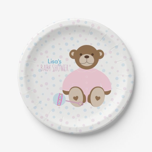 Teddy Bear mit rosa Babydusche und Papierplatte Pappteller (Vorderseite)