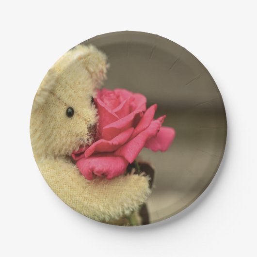 Teddy Bear mit Rose Babydusche Pappteller (Vorderseite)