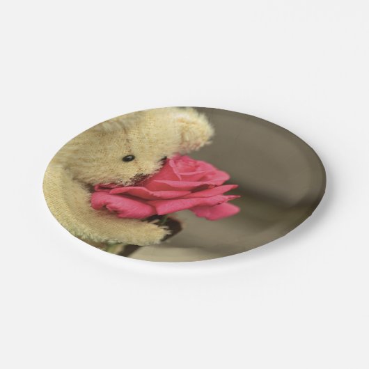 Teddy Bear mit Rose Babydusche Pappteller (Schrägansicht)
