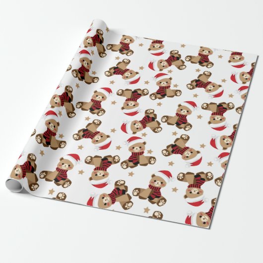 Teddy Bear mit Santa Claus Hat Pattern Holiday Geschenkpapier (Ungerollt)
