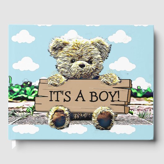 Teddy Bear mit Wood Sign Baby Dusche Gästebuch (Vorderseite)