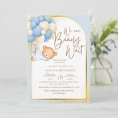 Teddy Bear Modern Blue Gold Baby Dusche Einladung (Stehend Vorderseite)