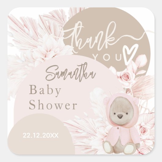 Teddy Bear Modern Boho Girl Babydusche Danke Quadratischer Aufkleber (Vorderseite)
