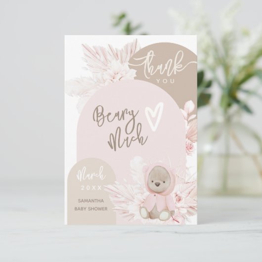 Teddy Bear Modern Boho Girl Babydusche Dankeskarte (Stehend Vorderseite)