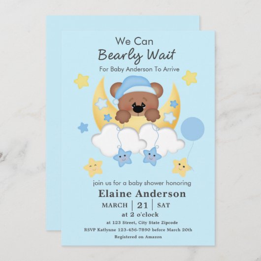 Teddy Bear Moon Clouds Stars Baby Boy Dusche Einladung (Vorne/Hinten)