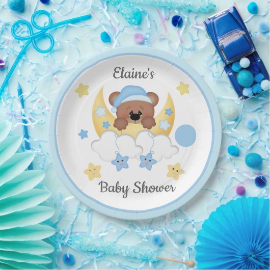 Teddy Bear Moon Clouds Stars Baby Boy Dusche Pappteller (Party)