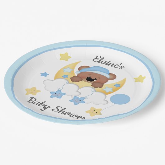 Teddy Bear Moon Clouds Stars Baby Boy Dusche Pappteller (Schrägansicht)