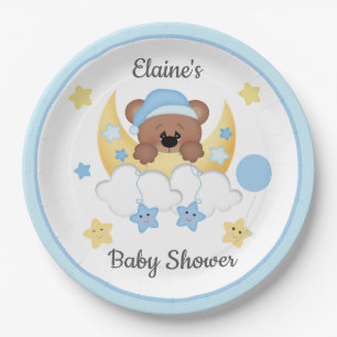 Teddy Bear Moon Clouds Stars Baby Boy Dusche Pappteller