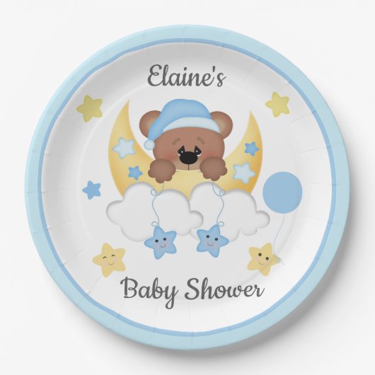 Teddy Bear Moon Clouds Stars Baby Boy Dusche Pappteller (Vorderseite)