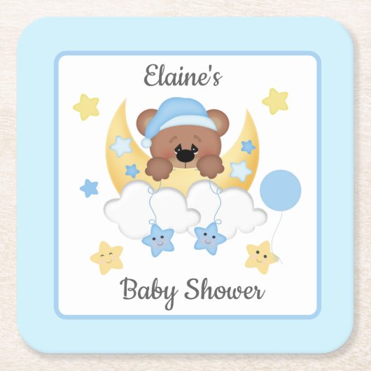 Teddy Bear Moon Clouds Stars Baby Boy Dusche Rechteckiger Pappuntersetzer (Vorderseite)