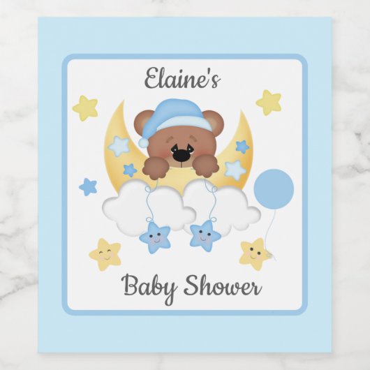 Teddy Bear Moon Clouds Stars Baby Boy Dusche Weinetikett (Einzelnes Label)