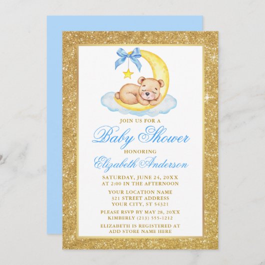Teddy Bear Moon Gold Glitzer Baby Dusche Blue Einladung (Vorne/Hinten)
