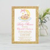 Teddy Bear Moon Gold Glitzer Baby Dusche Rosa Einladung (Stehend Vorderseite)