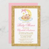 Teddy Bear Moon Gold Glitzer Baby Dusche Rosa Einladung (Vorne/Hinten)