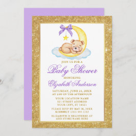 Teddy Bear Moon Gold Glitzer Kinderdusche Lila Einladung