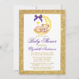 Teddy Bear Moon Gold Glitzer Lila Baby Dusche Einladung