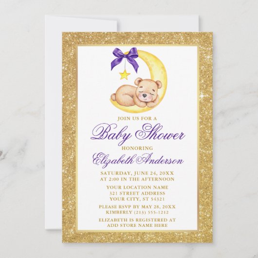 Teddy Bear Moon Gold Glitzer Lila Baby Dusche Einladung (Vorderseite)