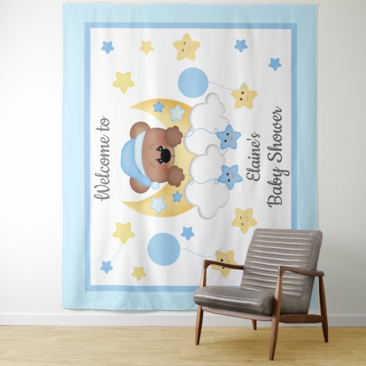 Teddy Bear Moon Stars Baby Boy Dusche Hintergrund Wandteppich (Beispiel)