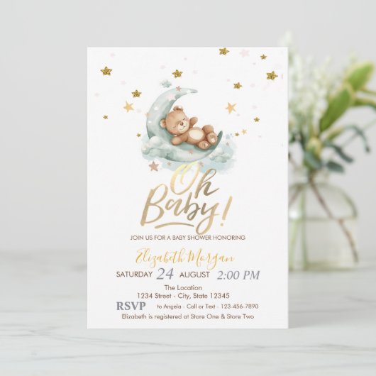 Teddy Bear Moon Stars Babydusche Einladung (Stehend Vorderseite)