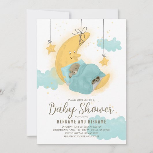 Teddy Bear Moon Stars Boy Baby Dusche Einladung (Vorderseite)