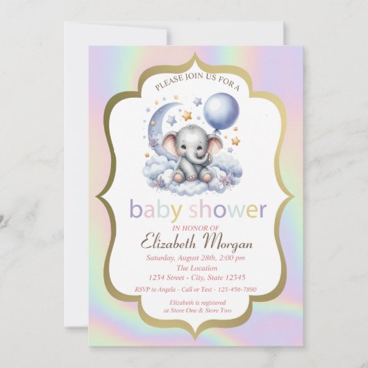 Teddy Bear, Moon, Stars Holographic Baby Show Einladung (Vorderseite)