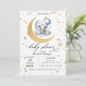 Teddy Bear Moon, Stars Watercolor Babydusche Einladung (Stehend Vorderseite)