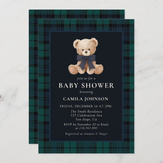Teddy Bear Navy Plaid Baby Shower Invitation Einladung (Vorne/Hinten)