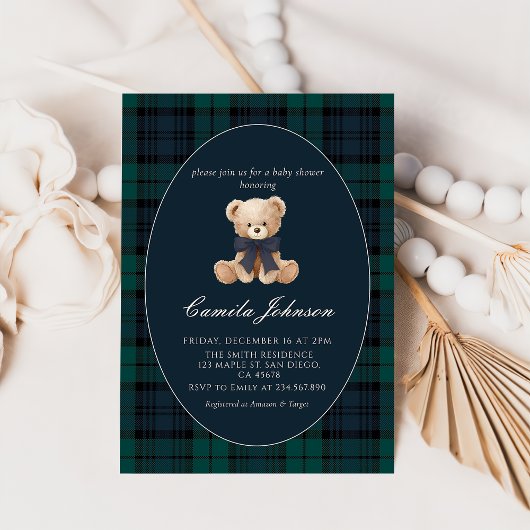 Teddy Bear Navy Plaid Baby Shower Invitation Einladung
