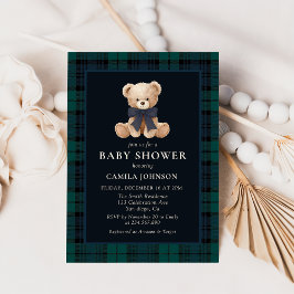 Teddy Bear Navy Plaid Baby Shower Invitation Einladung
