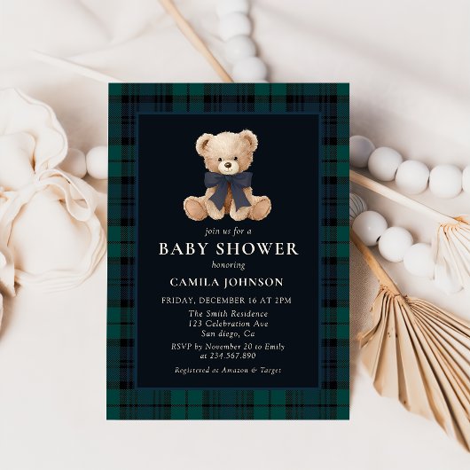 Teddy Bear Navy Plaid Baby Shower Invitation Einladung