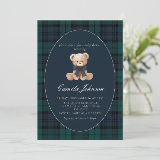 Teddy Bear Navy Plaid Baby Shower Invitation Einladung (Stehend Vorderseite)