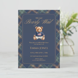 Teddy Bear Navy Tartan Plaid Classic Baby Shower Einladung