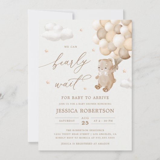 Teddy Bear Neutral Balloons Kinderdusche Einladung (Vorderseite)