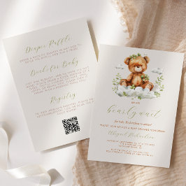 Teddy Bear Neutral Greenery QR Code Babydusche Einladung