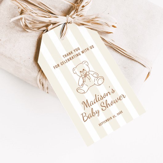 Teddy Bear Neutral Stripes Babydusche Geschenkanhänger
