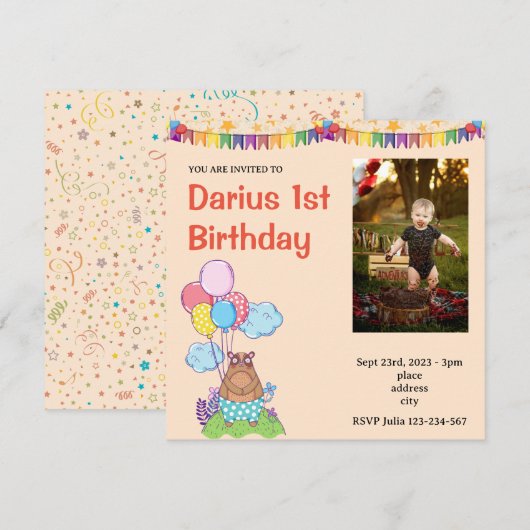 Teddy Bear Niedlich Erster Geburtstag Foto Einladu Einladung (Vorne/Hinten)
