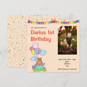 Teddy Bear Niedlich Erster Geburtstag Foto Einladu Einladung