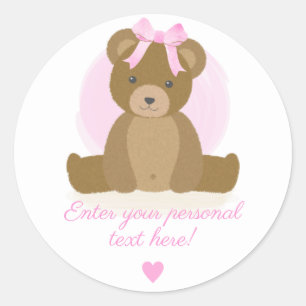 Teddy Bear Niedlich Pink Hair Bow Baby Girl Dusche Runder Aufkleber