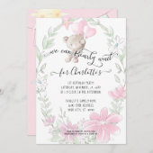 Teddy Bear Niedlich w Balloons Floral Baby Girl Du Einladung (Vorne/Hinten)