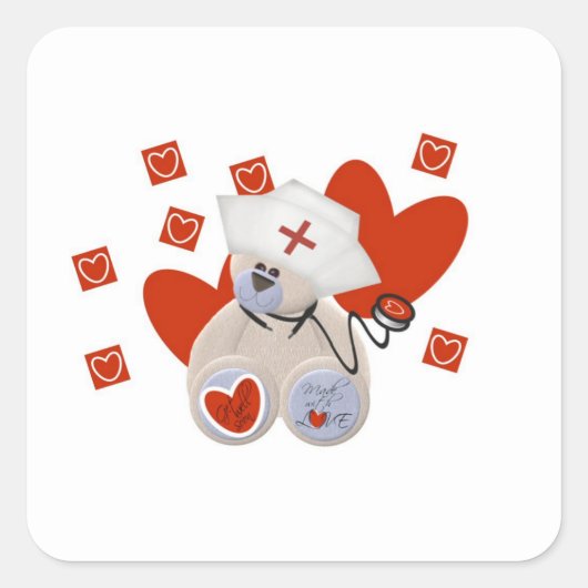 Teddy Bear Nurse Liebe Tshirts und Geschenke Quadratischer Aufkleber (Vorderseite)