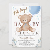 Teddy Bear Oh Boy Baby Shower Blue Balloon Einladung (Vorderseite)