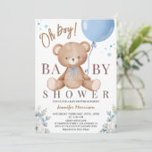 Teddy Bear Oh Boy Baby Shower Blue Balloon Einladung (Stehend Vorderseite)