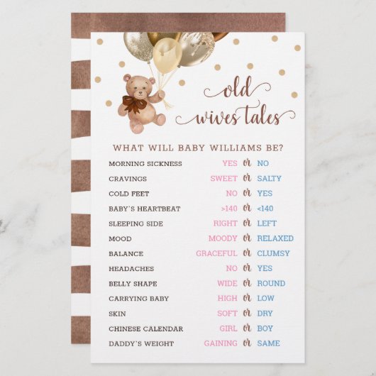 Teddy Bear Old Ehefrauen erzählt Gender Reveal Bab (Vorne/Hinten)