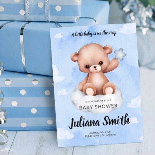 Teddy Bear on Cloud Watercolor Blue Baby Shower Einladung