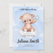 Teddy Bear on Cloud Watercolor Blue Baby Shower Einladung (Vorderseite)