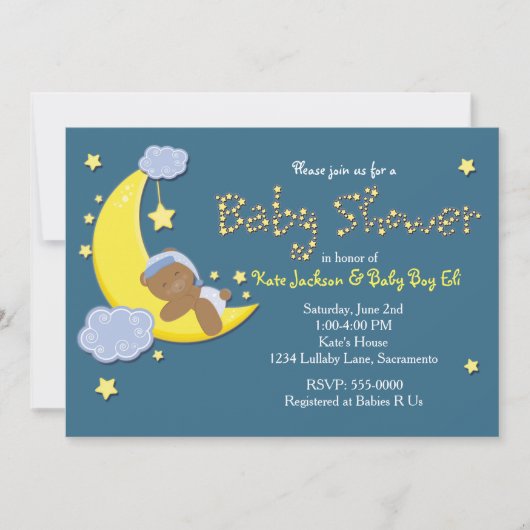 Teddy Bear on Moon BABY SHOWER Stars Einladung (Vorderseite)