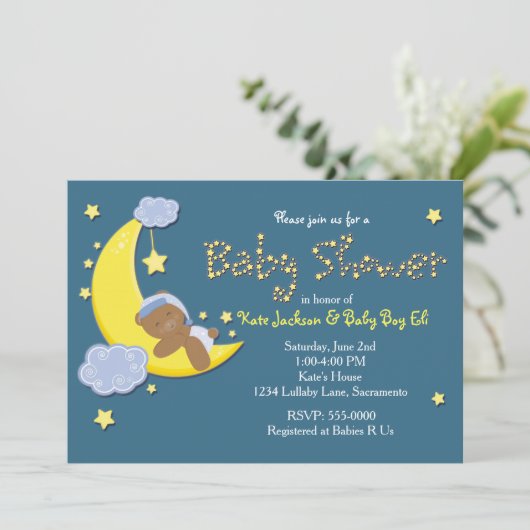 Teddy Bear on Moon BABY SHOWER Stars Einladung (Stehend Vorderseite)