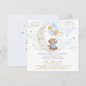 Teddy Bear on Moon Blue Gold Balloons Baby Boy Einladung (Vorne/Hinten)