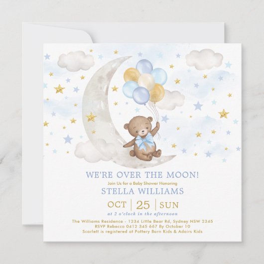 Teddy Bear on Moon Blue Gold Balloons Baby Boy Einladung (Vorderseite)