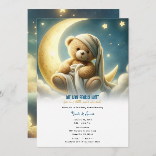 Teddy Bear on Moon Glow Stars Babydusche Einladung (Vorne/Hinten)